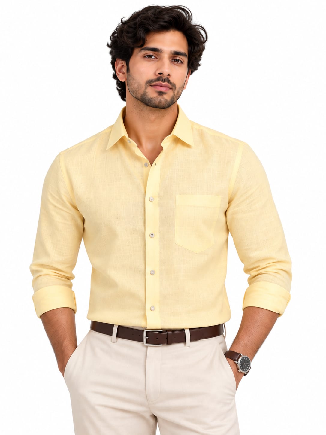 A man wearing a pale yellow long-sleeve linen button-up shirt with a chest pocket, paired with beige trousers and a brown belt, against a plain white background.